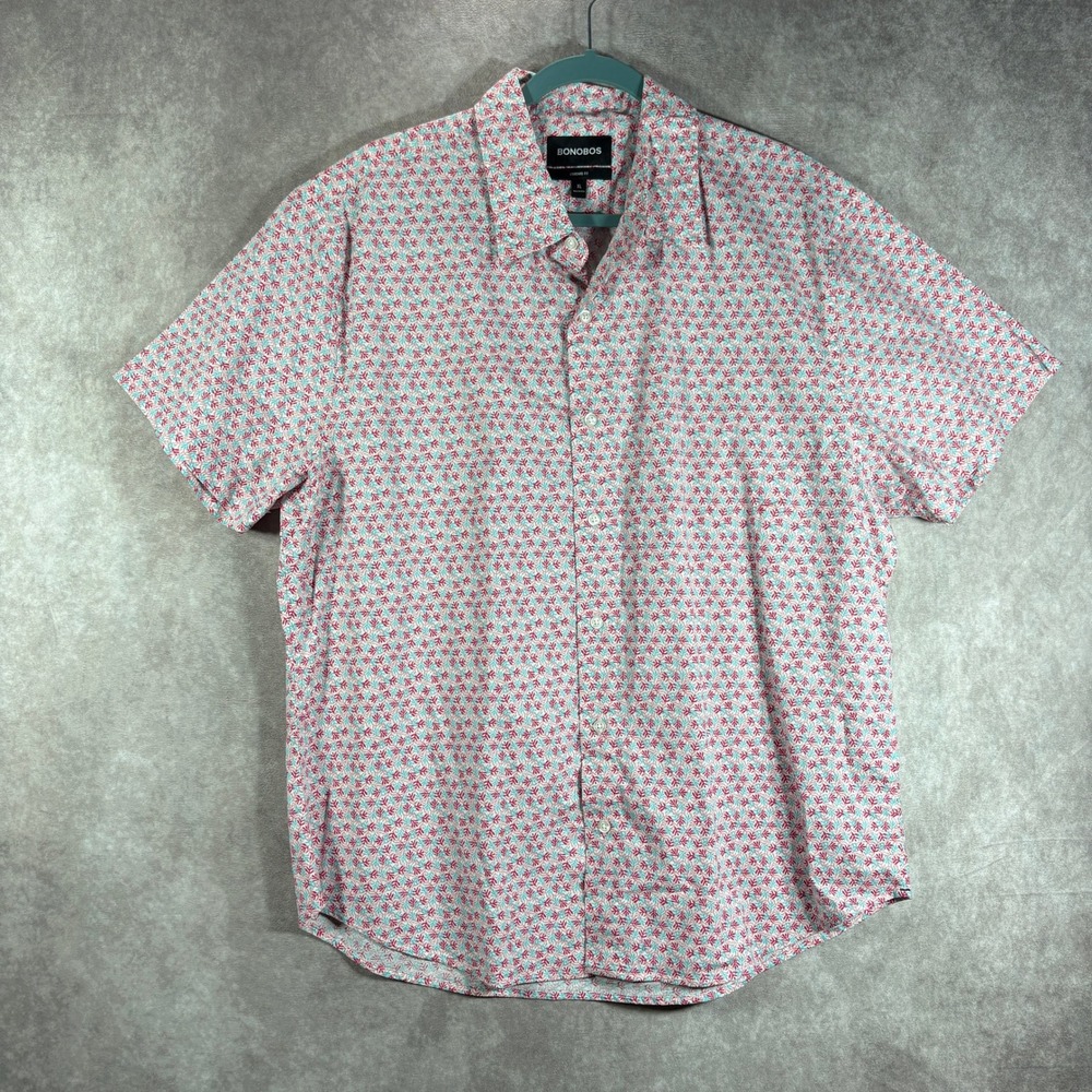 Bonobos Shirt Mens XL Pink Blue Leaf Print Standard Fit Short Sleeve Button Down